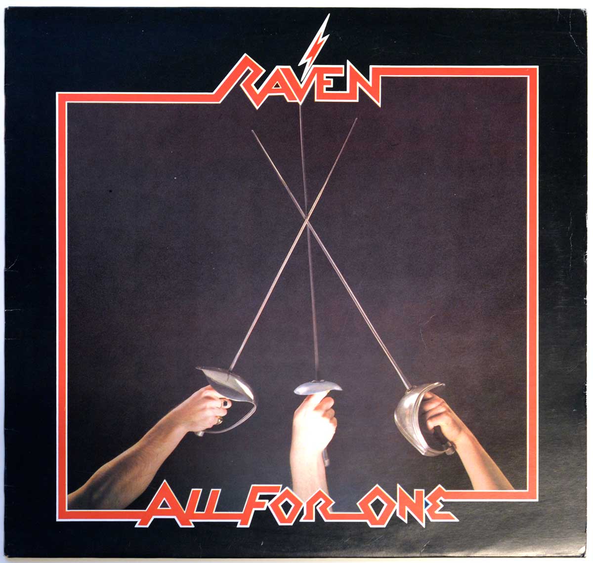 Album Front cover showing Raven's All For One sleeve with three raised arms holding fencing sabres against a deep black background. The blades cross near the centre like a metal pledge, framed by a red and white border. The Raven logo sits at the top with its lightning-bolt V, while the album title All For One stretches across the bottom in angular red lettering.