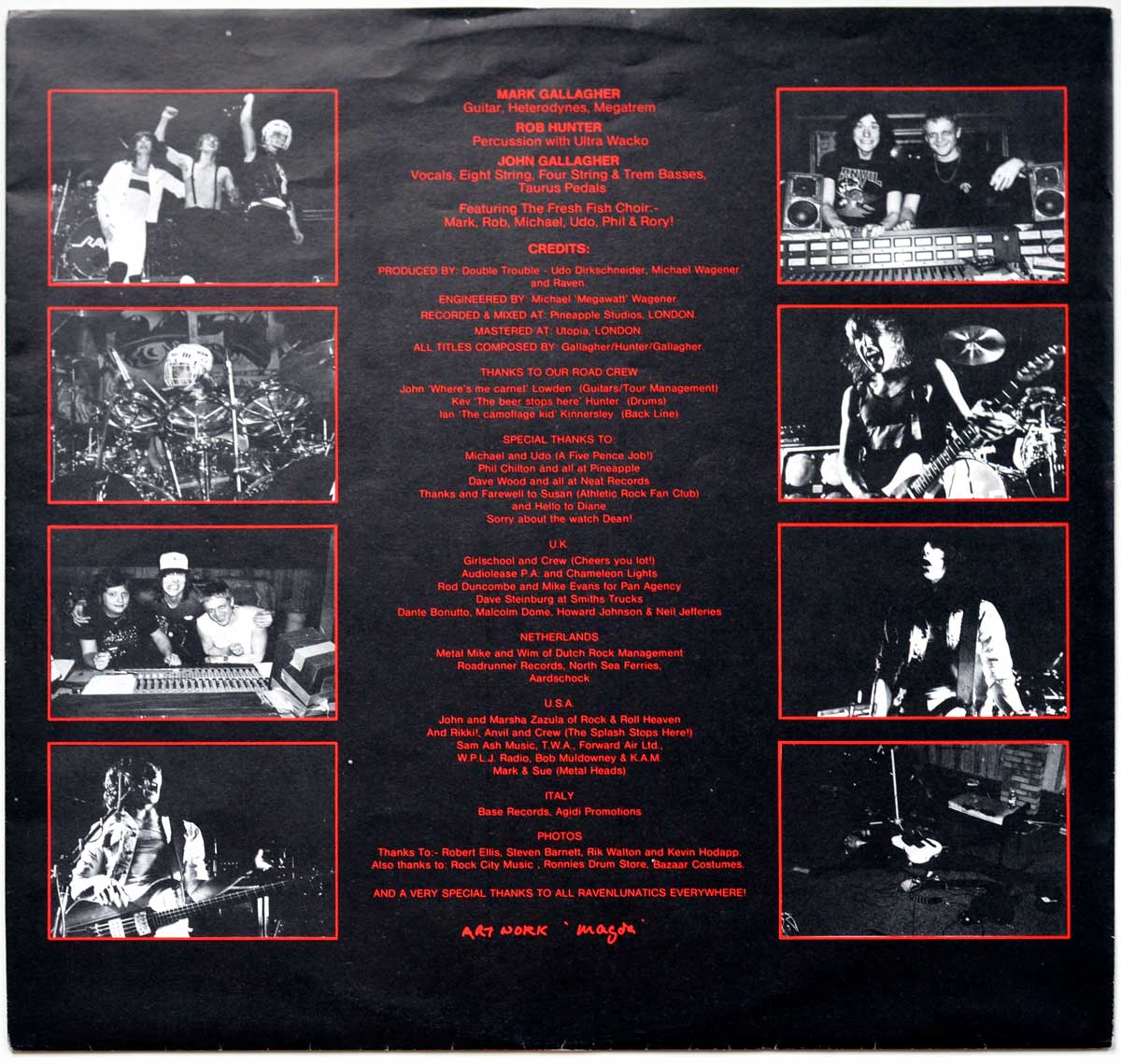 Inner sleeve of Raven's 'All For One' album featuring band credits, thank-you notes, and six black-and-white band photos framed in red against a black background.