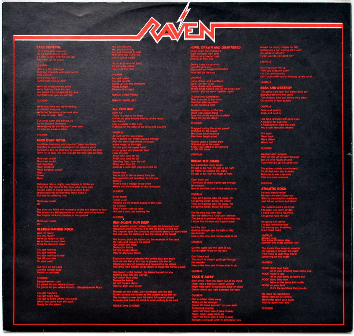 Inner sleeve of Raven's 'All For One' album featuring the full printed lyrics in red text for all tracks across four columns on a black background, framed by a red border and the Raven logo at top.