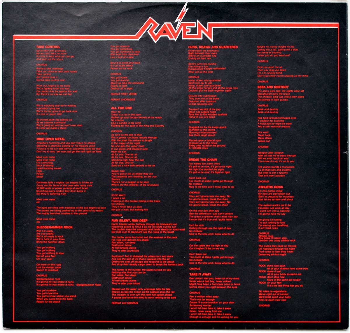 Lyrics printed on the "RAVEN - All For One" Album's Inner Sleeve  