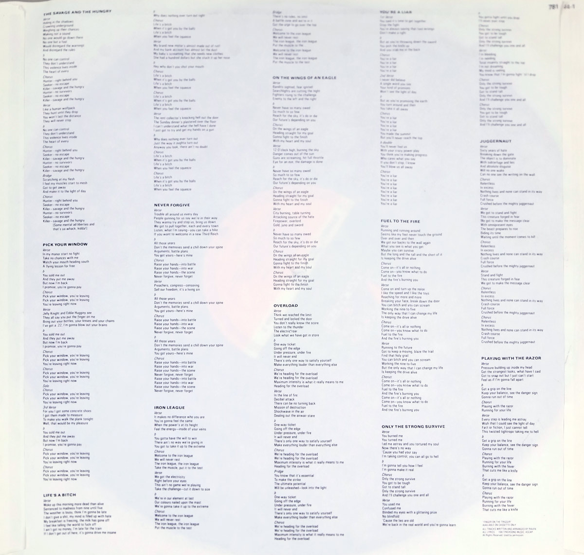 Custom inner lyrics sleeve for Raven - Life's A Bitch showing dense black lyric text printed in multiple narrow columns on a pale white inner sleeve. Song titles appear in bold uppercase across the page, with catalog number 781 734-1 at the top right and small rights and publishing text printed in the lower right corner.