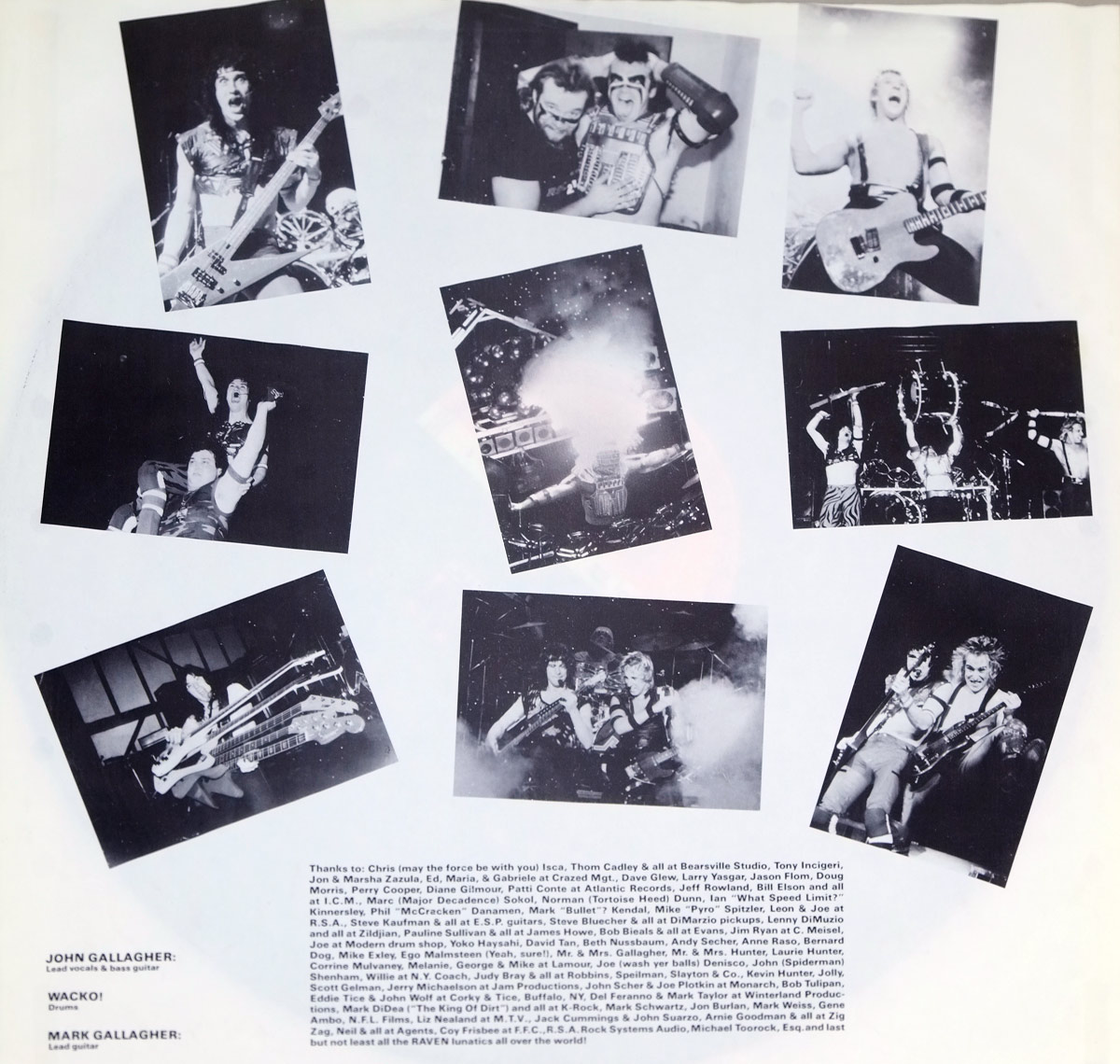 Custom inner sleeve for Raven - Life's A Bitch showing nine black-and-white live photographs arranged across a white background. John Gallagher, Mark Gallagher, and Wacko Hunter appear on stage with bass, guitar, drums, smoke, lights, and crowd-energy poses. Printed musician roles appear at lower left, with a dense thanks list and support personnel text along the bottom.