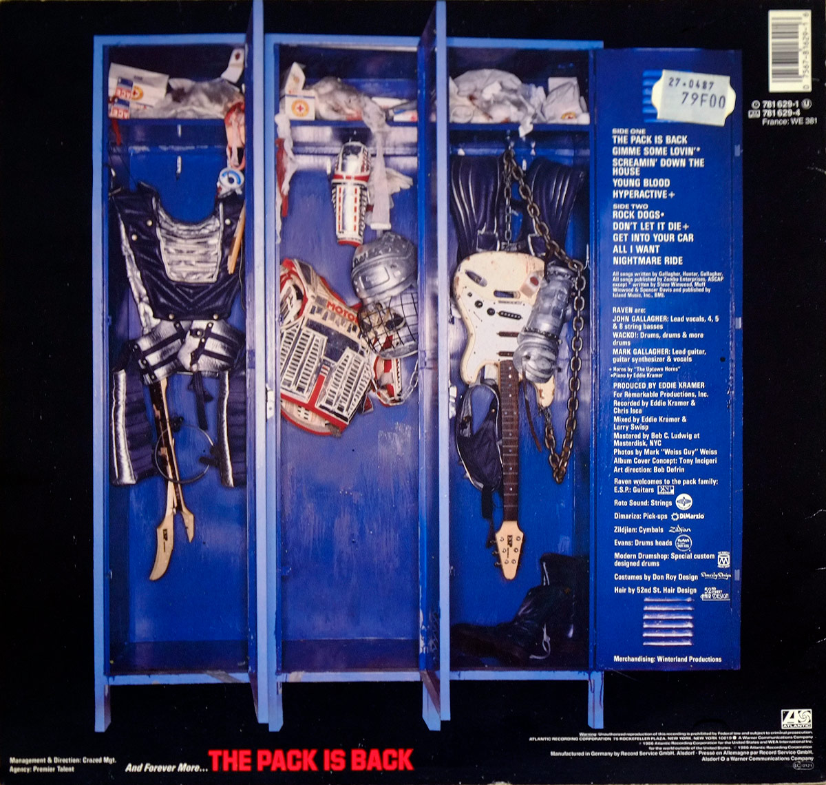 RAVEN The Pack Is Back back cover showing three open blue locker compartments filled with stage gear, armour, boots, guitar, helmet, gloves and chains. A narrow blue panel on the right lists tracks, credits and logos in white text, with a barcode and price sticker above. The bottom edge shows red album title lettering and Atlantic copyright text.