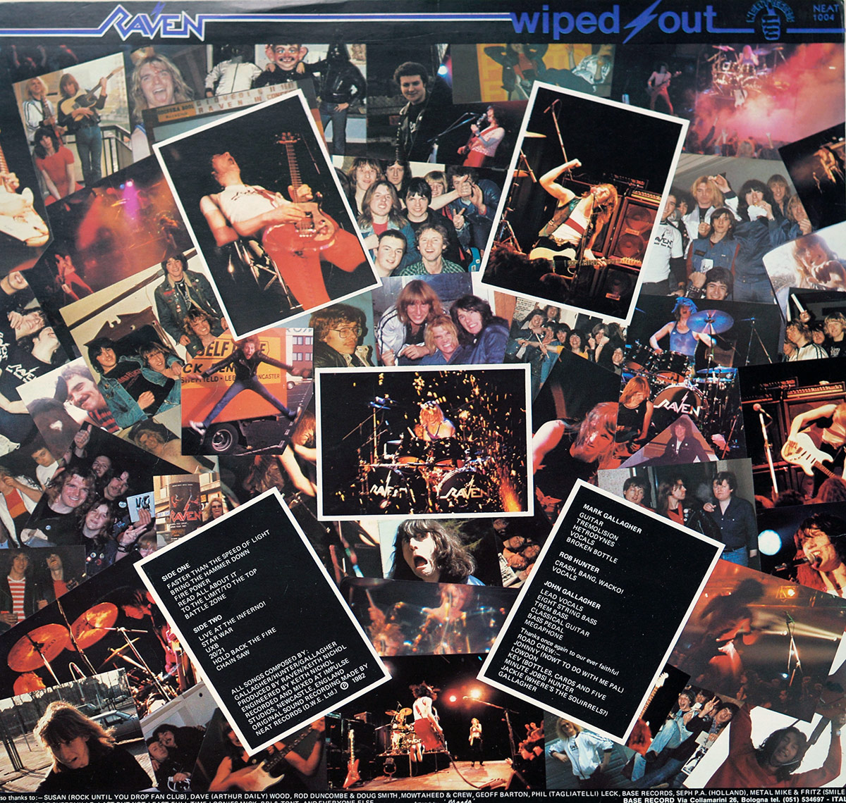 Raven Wiped Out back cover with a black collage layout filled with live concert photos, fan snapshots, stage lights, drums, guitars, and crowd scenes. The Raven logo appears along the top left, wiped out text and Neat Records NEAT 1004 appear at the top right, with black credit panels listing Mark Gallagher, Rob Hunter, and John Gallagher near the lower area.