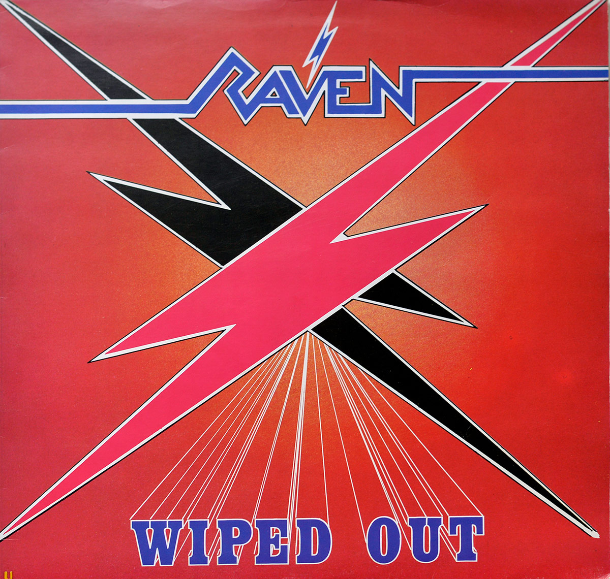 Album Front cover of Raven Wiped Out showing a red to orange background cut through by two oversized lightning-bolt shapes, one black and one hot pink, both edged in white. The blue and white Raven logo sits near the top with its own small lightning flash, while Wiped Out appears at the bottom in bold blue block letters connected by thin white perspective lines.