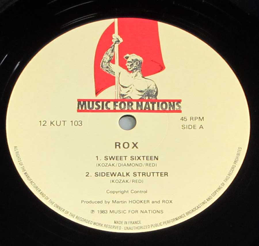 Close up of record's label ROX - KRAZY KUTZ / SWEET SIXTEEN NWOBHM Side One