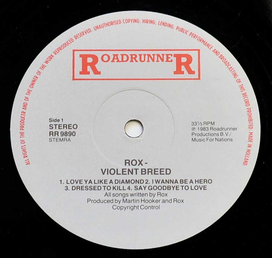 Close up of record's label ROX - Violent Breed ( British Heavy Metal ) Side One