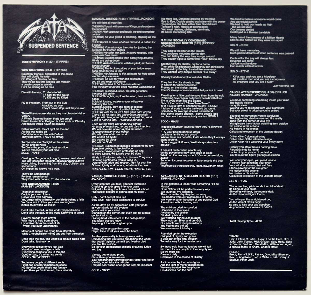 Lyrics of all the songs, printed on the custom inner sleeve SATAN - Suspended Sentence ( NWOBHM ) 