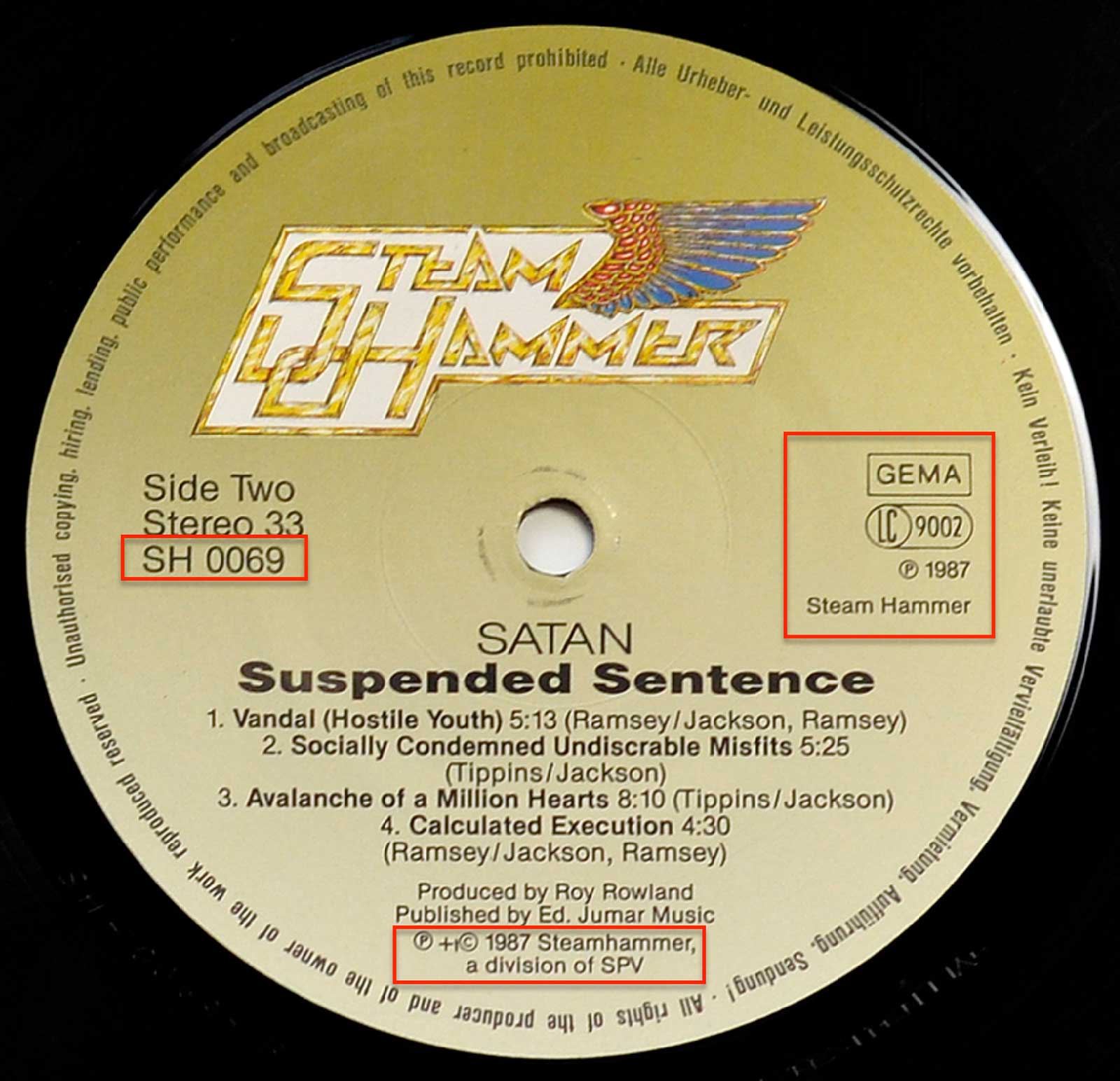 Photo of record label of SATAN - Suspended Sentence ( NWOBHM ) 