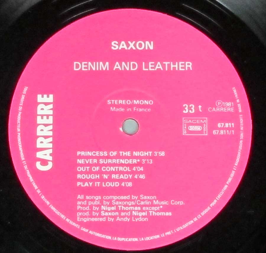 "Denim and Leather" Record Label Details: Pink Colour CARRERE 67.811 ℗ 1981 Carrere Sound Copyright 