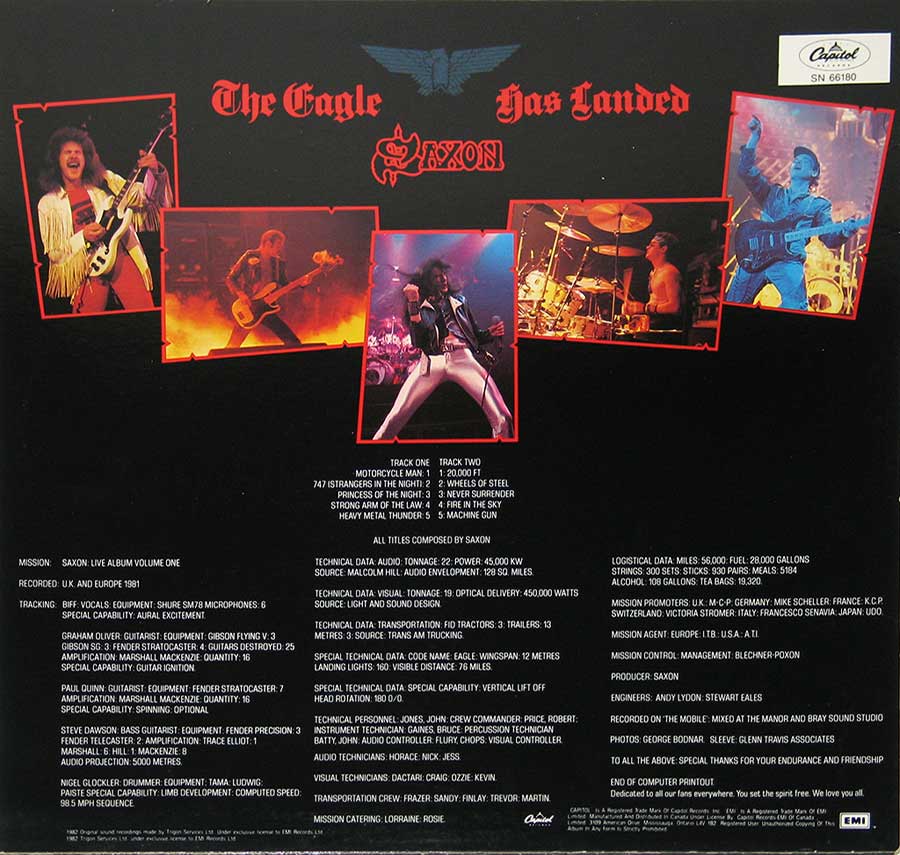 SAXON - The Eagle Has Landed Live Canadian Release 12" Vinyl LP Album back cover