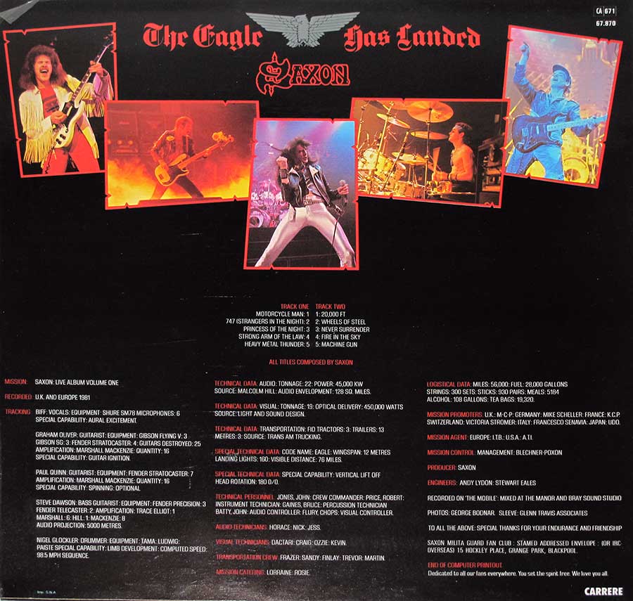 SAXON - The Eagle Has Landed Live France Release 12" Vinyl LP Album back cover