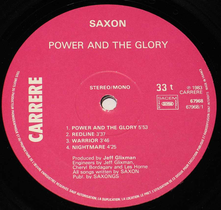 SAXON - Power And The Glory Carrere France 12" VINYL LP ALBUM enlarged record label