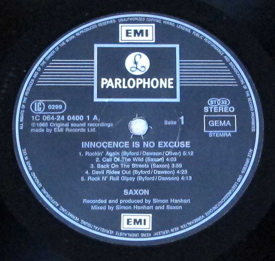 Close up of record's label SAXON - Innocence is NO Excuse Side One