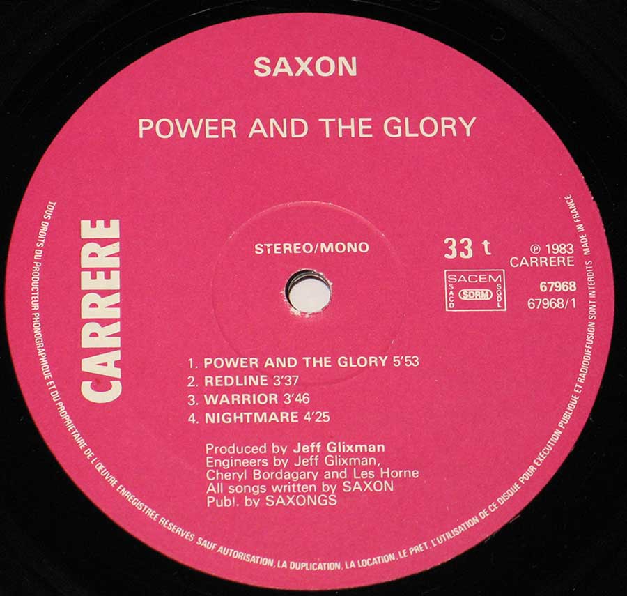 SAXON - Power And The Glory Carrere France 12" Vinyl LP Album enlarged record label