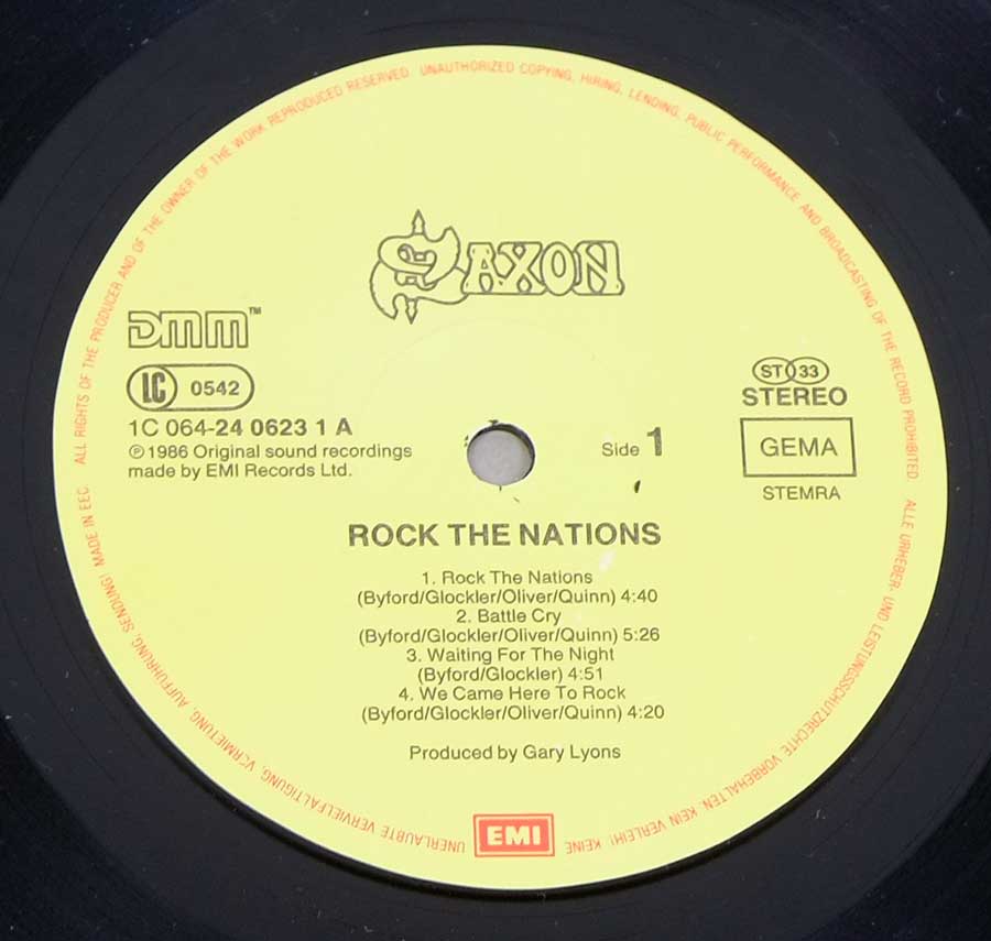 Close up of Side One SAXON -  Rock The Nations 