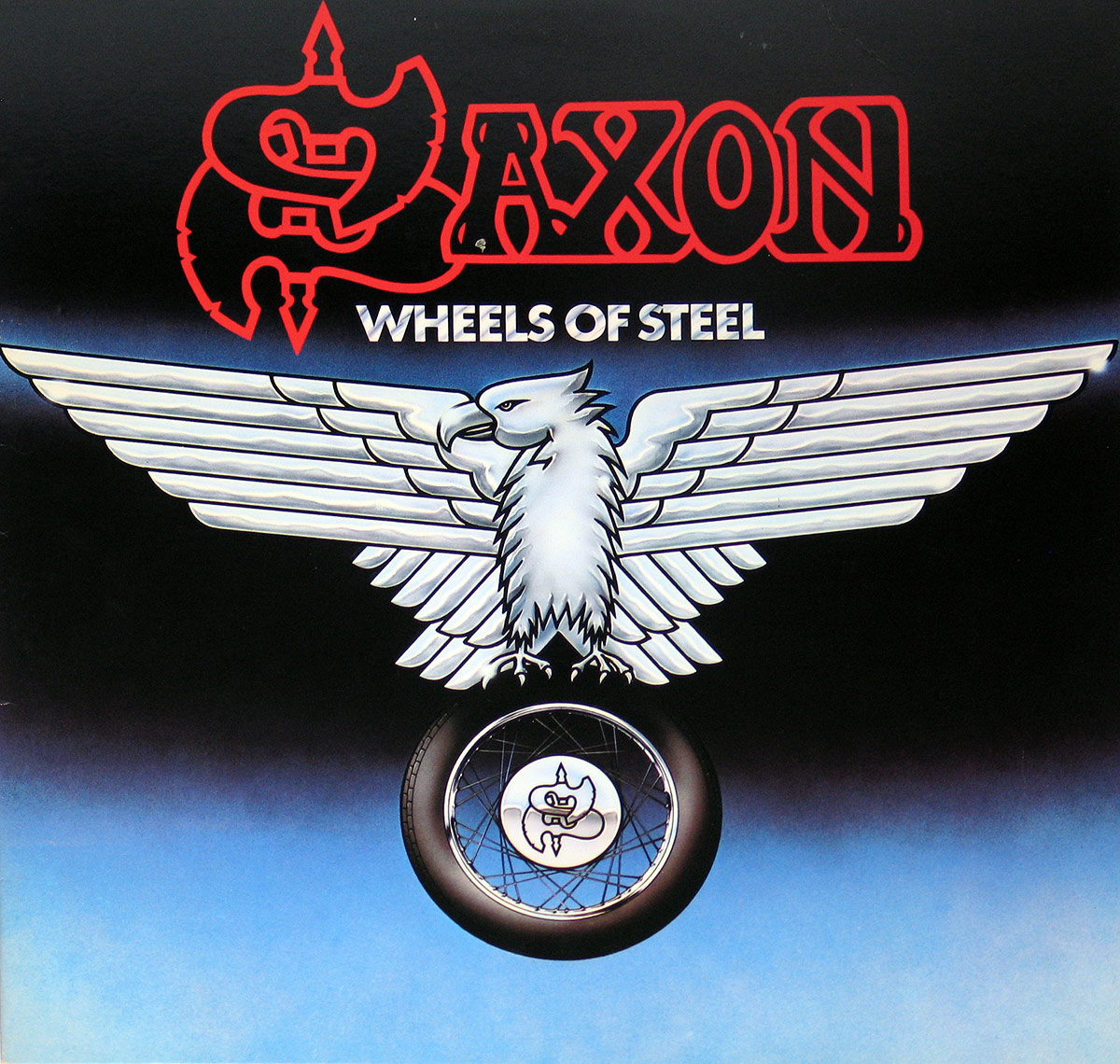 Album Front cover of Saxon’s Wheels of Steel featuring the band’s red logo with a stylized axe, a silver eagle with outstretched wings perched on a motorcycle wheel, and a gradient background transitioning from black to blue