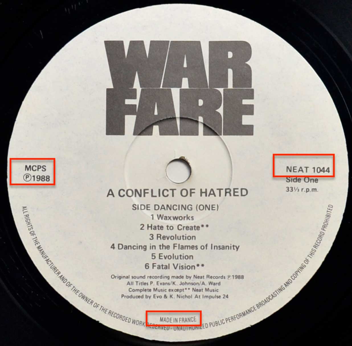 Photo of record label of WARFARE - A Conflict of Hatred 