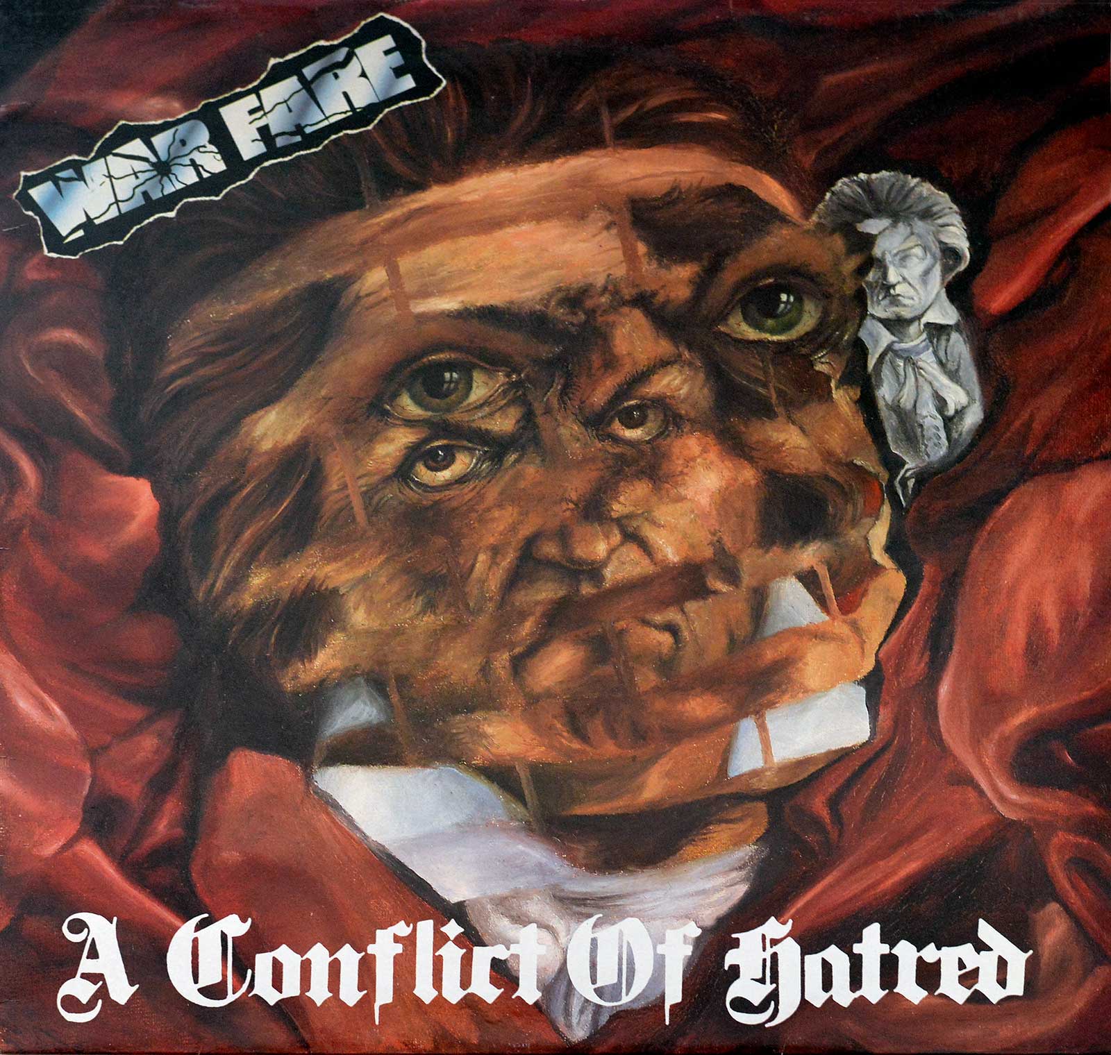 Surrealist album cover for Warfare's 'A Conflict of Hatred' showing a distorted, multi-eyed face blending into folds of red cloth, with a grayscale bust of a stern figure on the side