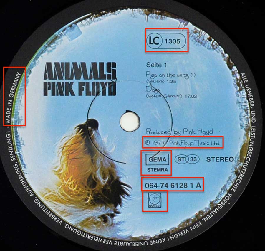 Enlarged & Zoomed photo of "PINK FLOYD - Animals" Record's Label