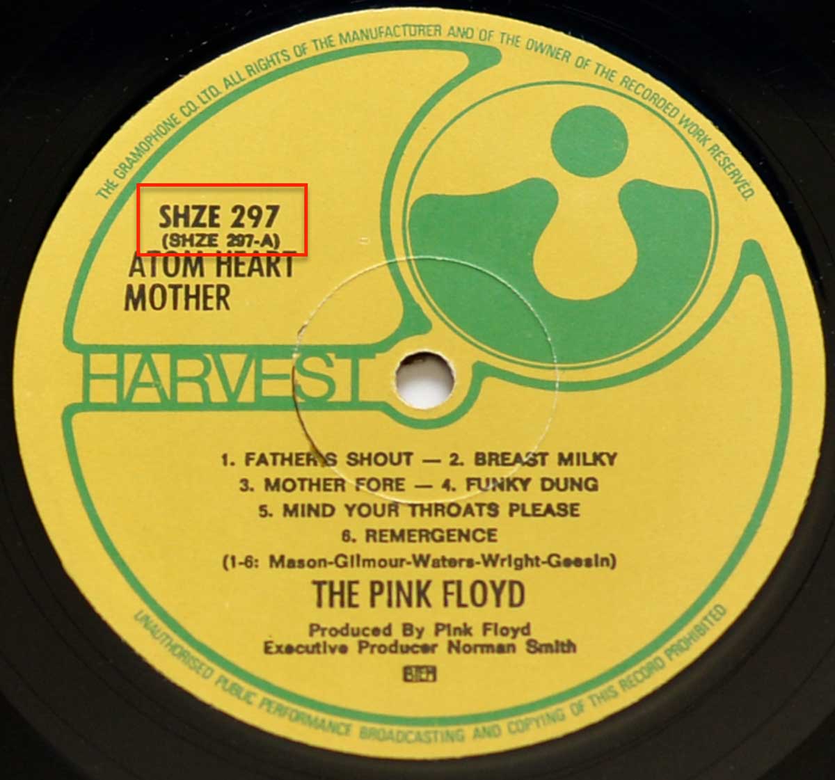 Close up of record's label PINK FLOYD - Atom Heart Mother Germany HÖR ZU Side One