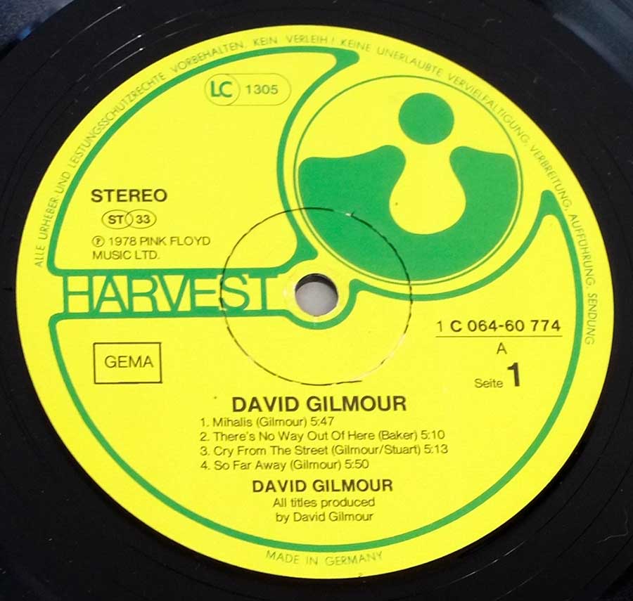 "David Gilmour" Yellow Colour with Green Lettering Record Label Details: HARVEST 1C064-60 774 ℗ 1976 Pink Floyd Music Ltd Sound Copyright 