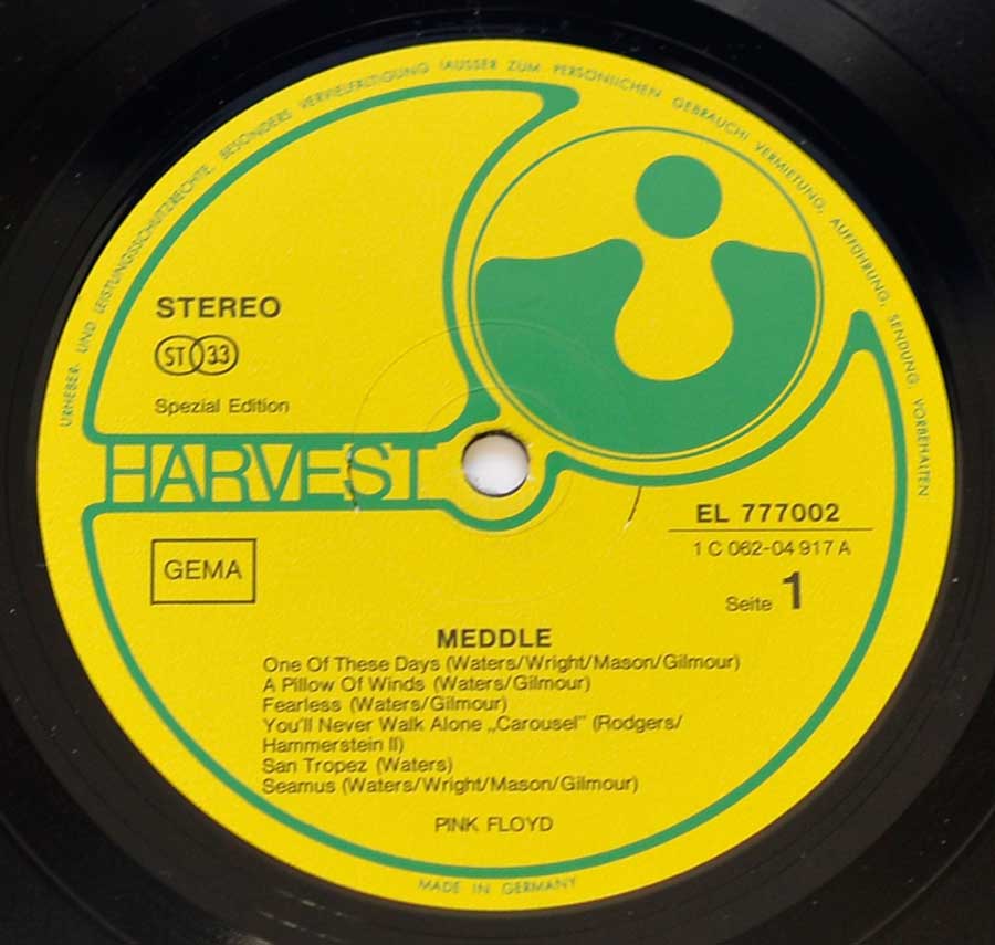 "Meddle" Yellow Colour with Green Lettering Record Label Details: HARVEST EL 777002 1C 062-04 917 