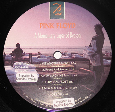 Canada label: Pink Floyd – A Momentary Lapse of Reason – boat-rower background, EMI Canada logo at left, SIDE 1 in English; catalogue number in EMI area; CAPAC/PROCAN (Canada) rights; track list flush-left with times right after titles.
