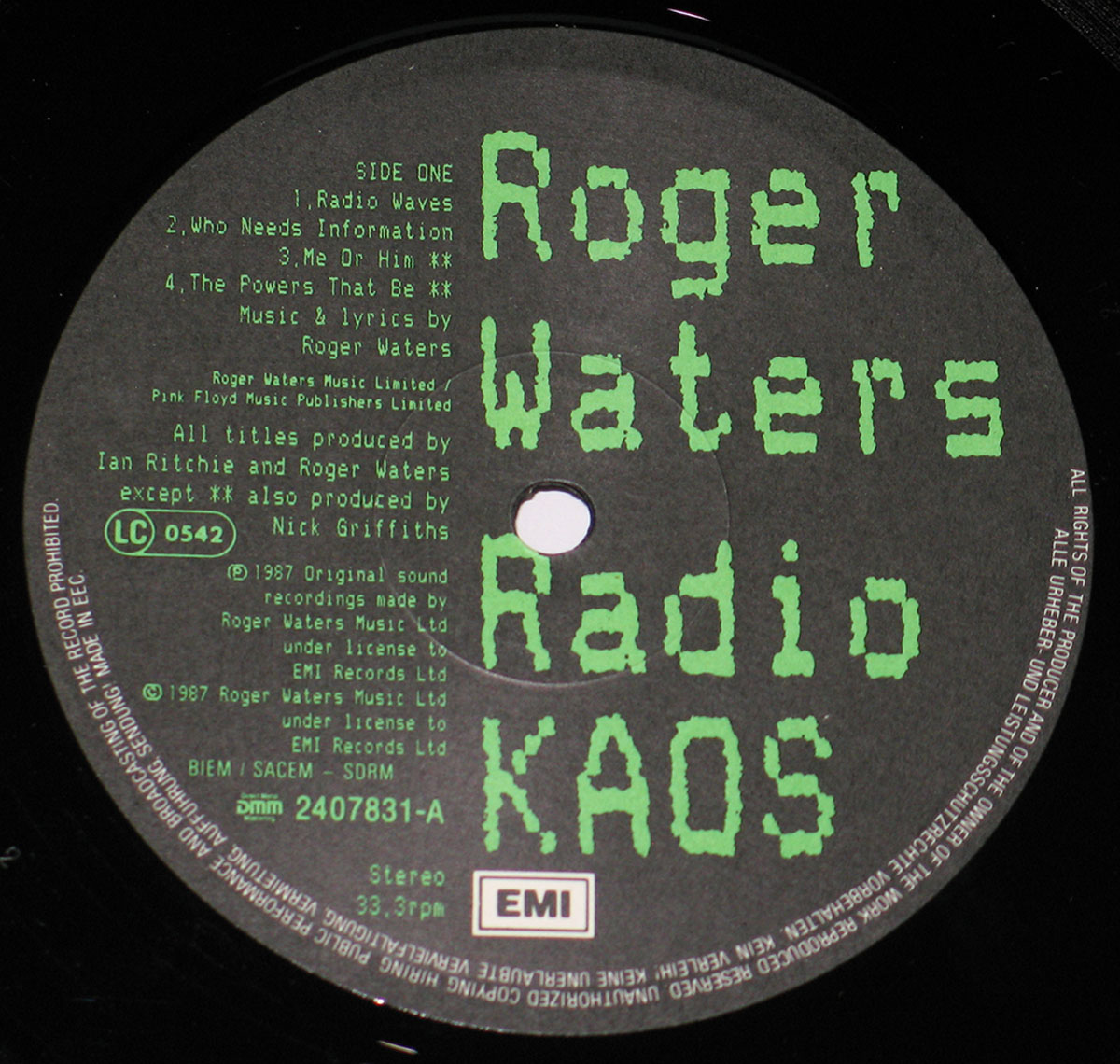 ROGER WATERS Radio KAOS K-A-O-S Vinyl Cover & Information