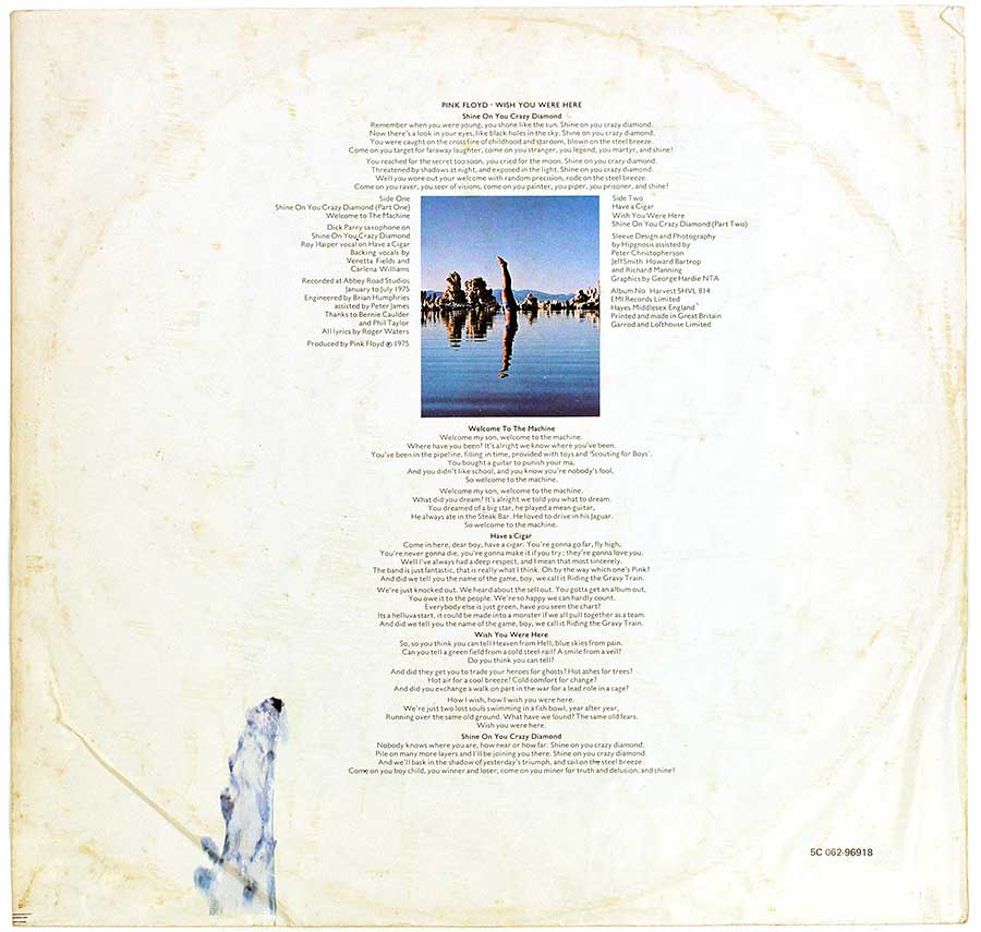 Photo One Of The Original Custom Inner Sleeve PINK FLOYD - Wish You Were Here 12" Vinyl LP Album  