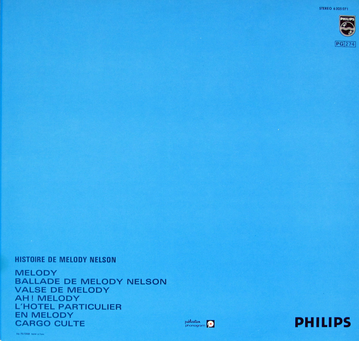 Back cover of Serge Gainsbourg's 1971 album 'Histoire de Melody Nelson' featuring a minimal light blue background with black and dark blue typography listing track titles and Philips branding.