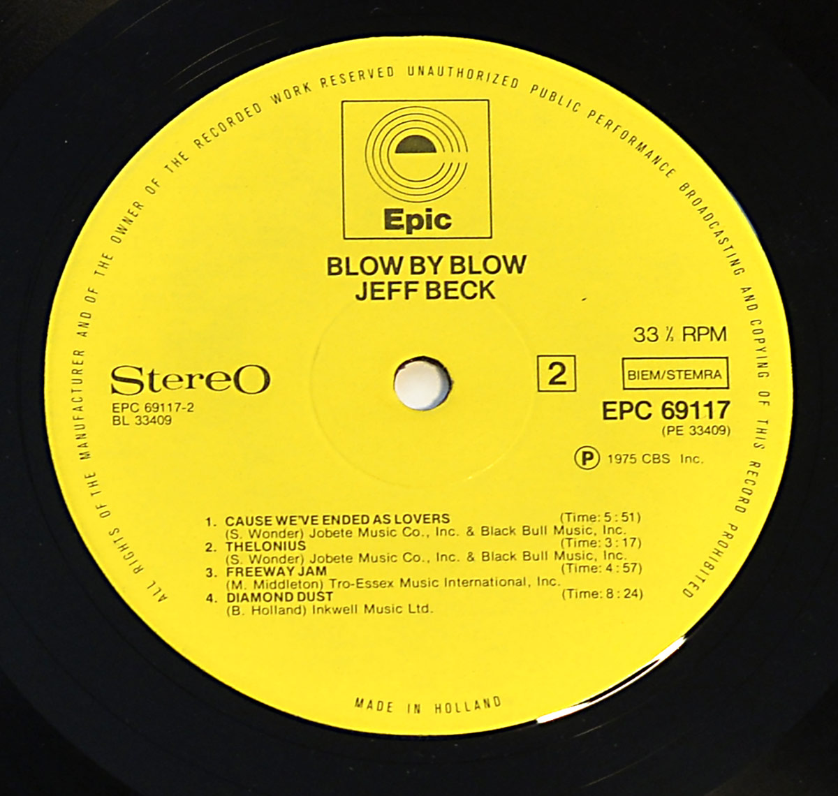 Close up of record's label JEFF BECK - Blow By Blow 12" LP Album Vinyl Side Two