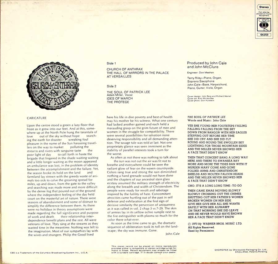 JOHN CALE & TERRY RILEY - Church Of Anthrax Orig UK Release 12" LP Vinyl Album back cover
