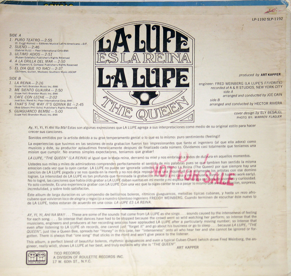 Back cover of the vinyl LP La Lupe – Es La Reine (The Queen), released by Tico Records (LP-1192, USA). The cover has a cream-colored background with black printed text. On the left, the track listings for Side A and Side B are listed with song titles, composers, and running times. Prominent songs include 'Puro Teatro', 'Sueño', 'La Reina', and 'Guaguancó Bembé'. On the right, credits are given to producer Art Kapper, engineer Fred Weinberg, arrangers Joe Cain and Hector Rivera, cover designer Ely Besalel, and photographer Warren Flagler. The album’s bold title logo, 'La Lupe Es La Reina La Lupe The Queen', is centered in large black letters with decorative framing. Below, extensive liner notes appear in both Spanish and English, emphasizing La Lupe’s intense performance style and her reputation as a unique, emotive force in Latin music. A red 'NOT FOR SALE' stamp is placed diagonally across the notes. At the bottom left is the Tico Records logo and Roulette Records division information, with the catalog number LP-1192 printed in the upper right corner.