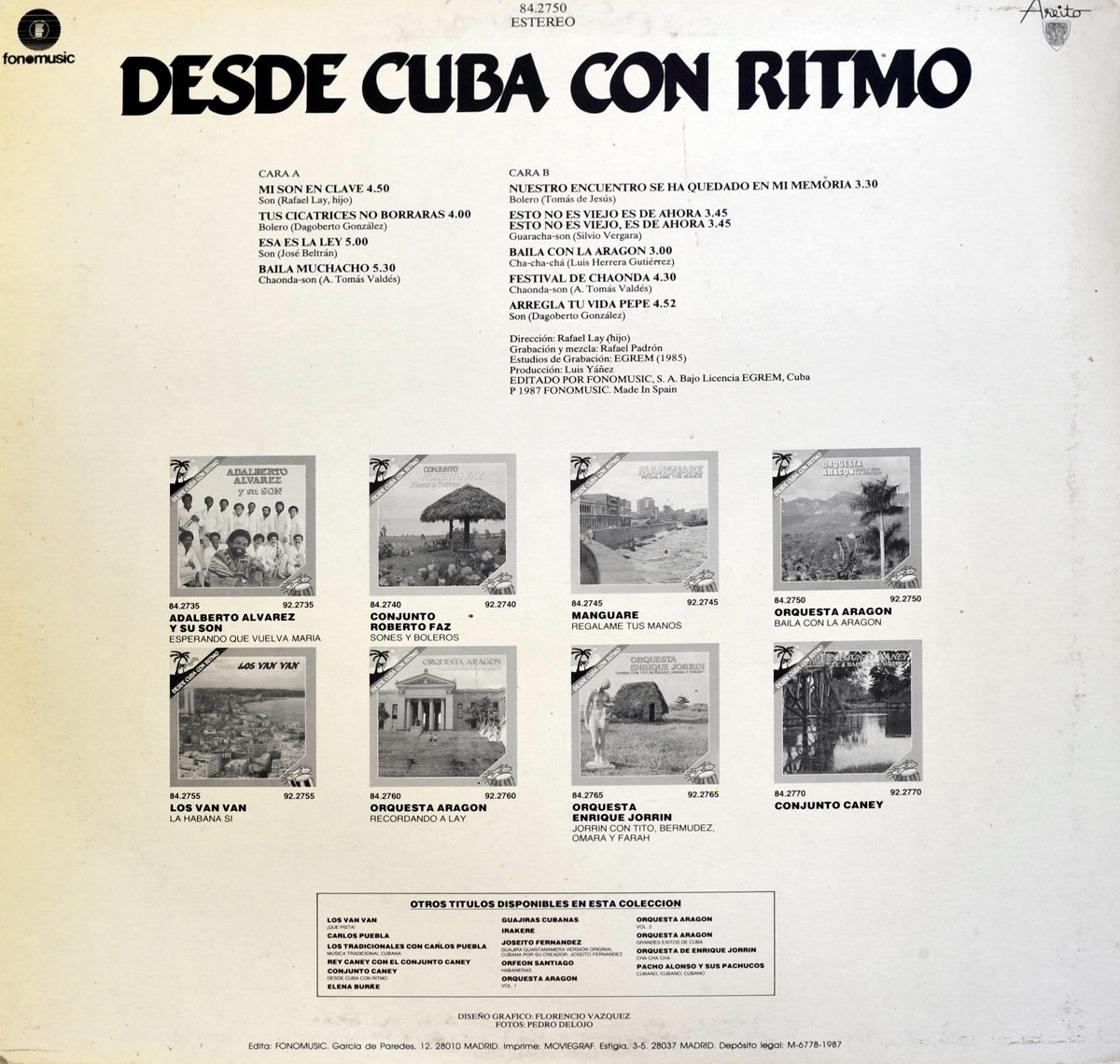 Back cover of the album Baila Con La Aragon by Orquesta Aragon, showing track listing, production credits, and a gallery of other titles from the Desde Cuba Con Ritmo collection.
