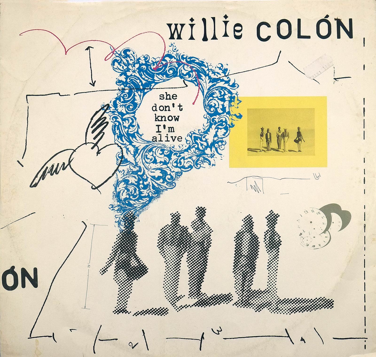 Front cover of Willie Colón's 1987 EP 'She Don't Know I'm Alive' featuring abstract collage artwork with blue Victorian swirl, heart with wings, silhouetted figures, and sketch elements.