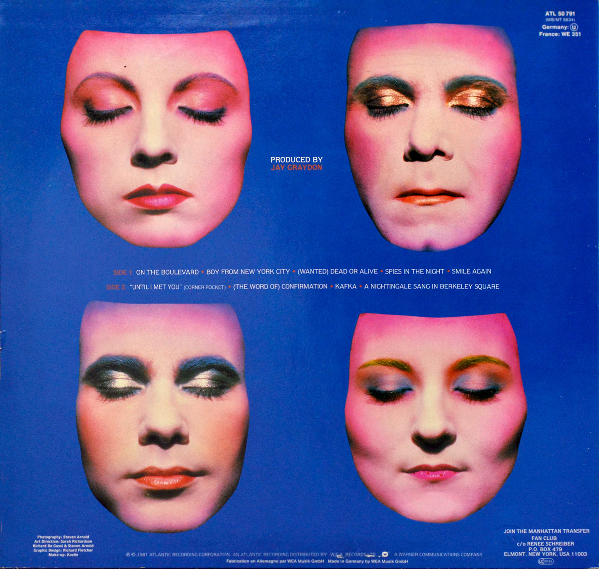 Back cover of THE MANHATTAN TRANSFER - Mecca For Moderns. Features four pink airbrushed floating masks with closed eyes on blue background, tracklist printed in center, and credits below.