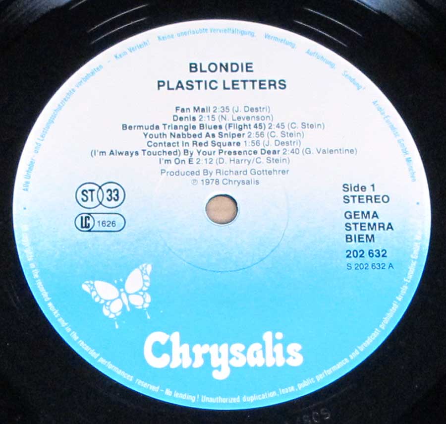 "Plastic Letter by Blondie" White and Light Blue Colour Chrysalis Record Label Details: Chrysalis 202 632 