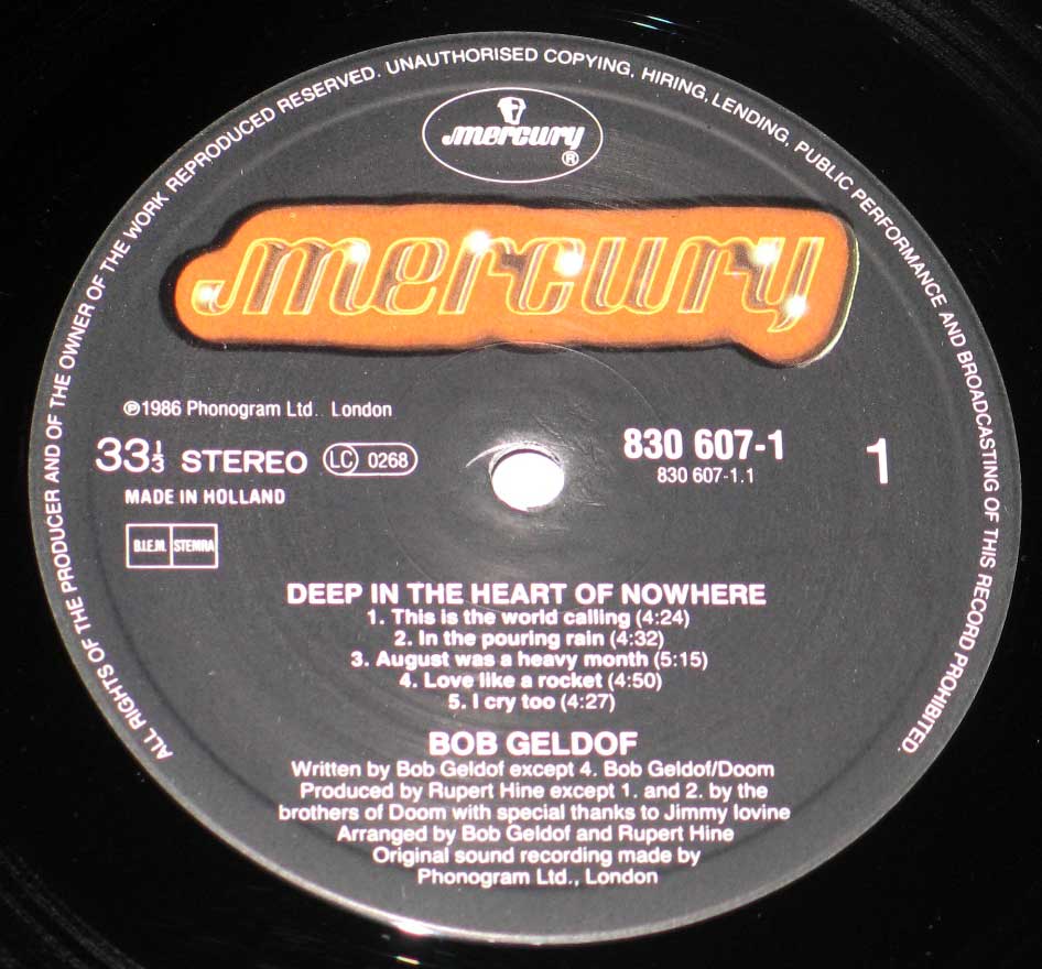 Close-Up Photo of "Bob Geldof Deep In The Heart of Nowhere" Mercury Record Label
