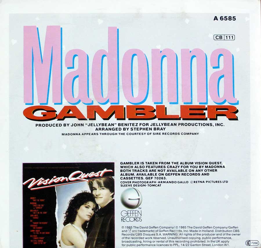 MADONNA - Gambler 7" 45RPM Picture Sleeve Single Vinyl back cover