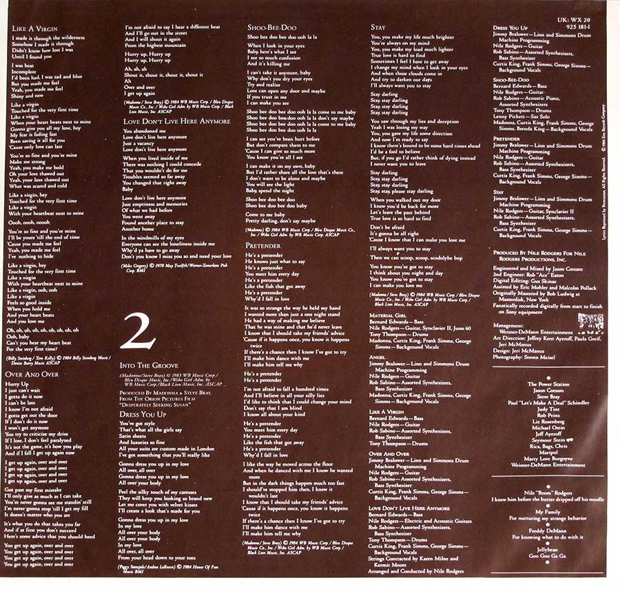 MADONNA - Like a Virgin 12" Vinyl LP Album
 inner gatefold cover