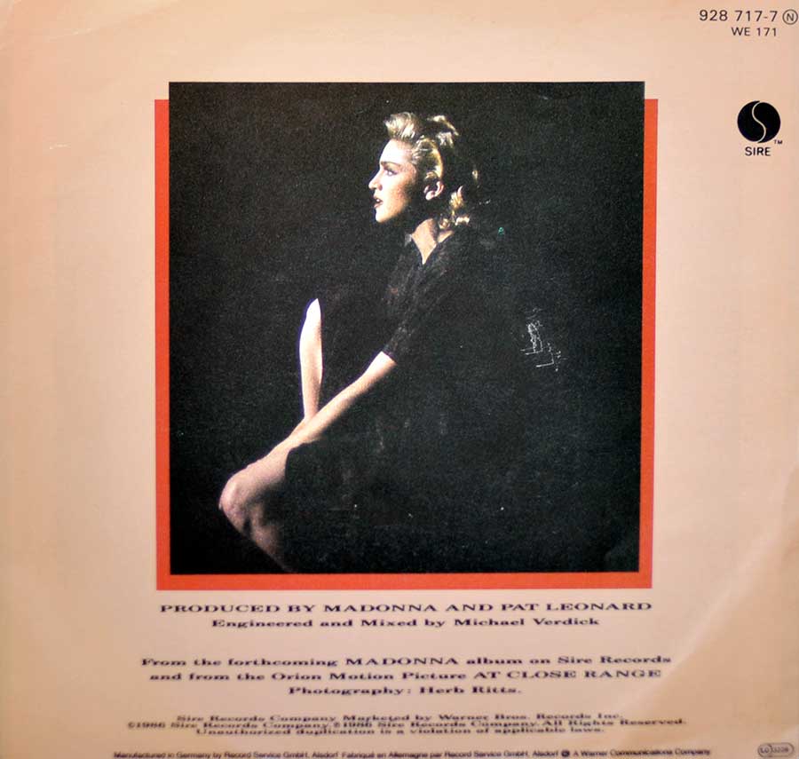 MADONNA - Live to Tell 7" Picture Sleeve SINGLE VINYL
 back cover