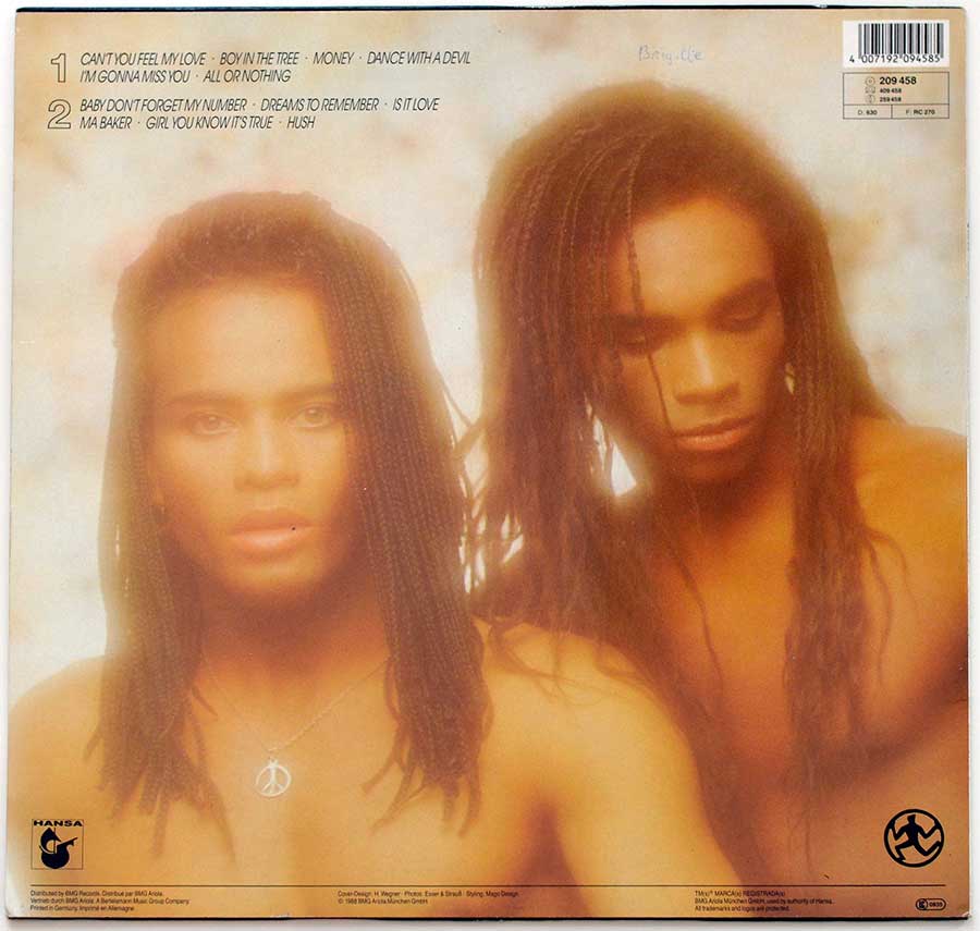 MILLI VANILLI - All Or Nothing ( The First Album ) back cover