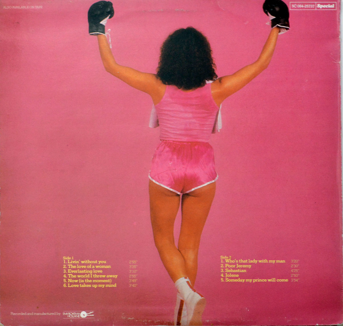 Patricia Paay faces away from the viewer with arms triumphantly raised, wearing pink satin boxing gear and black gloves. The tracklist is printed at the bottom over a pink backdrop.