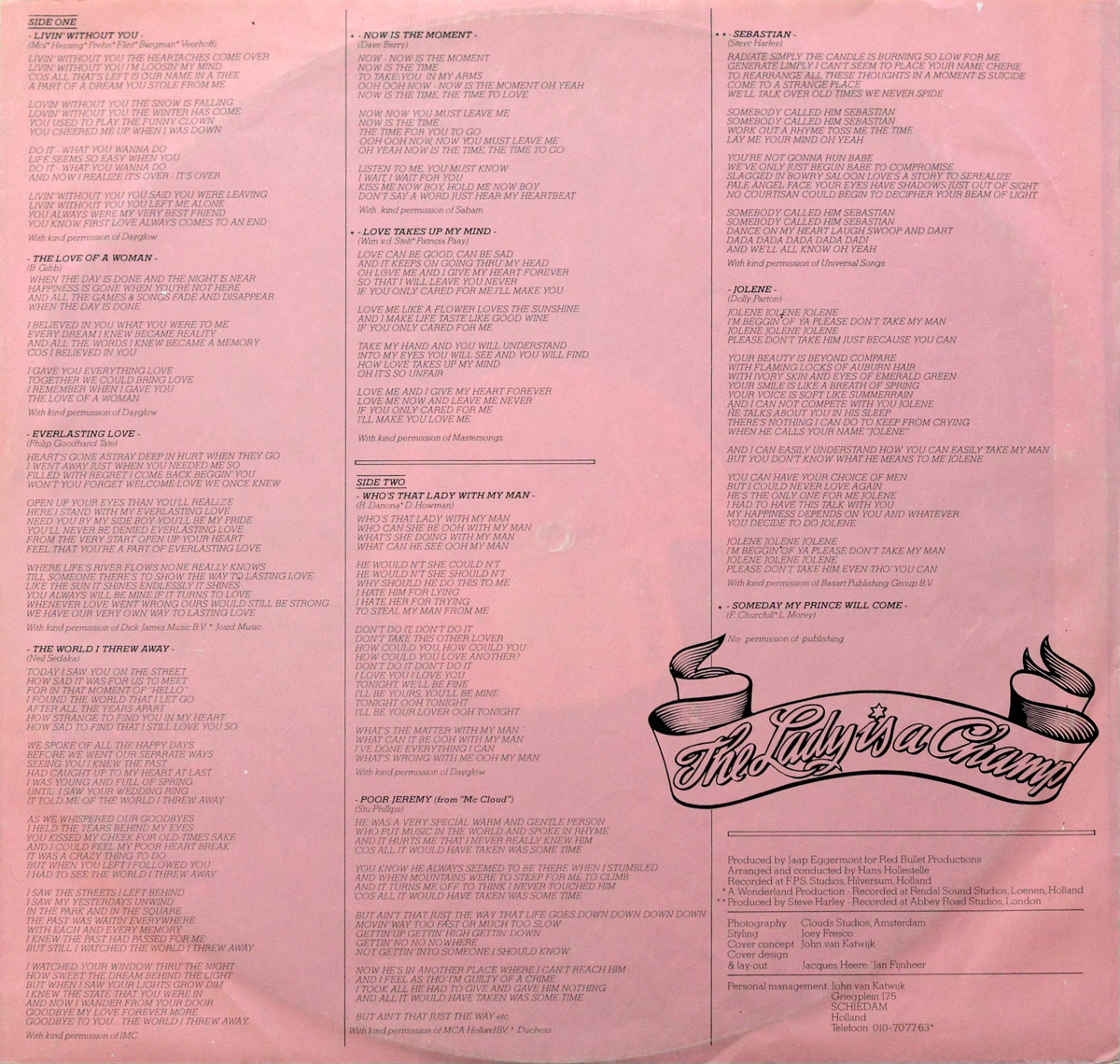 Custom inner sleeve of The Lady Is A Champ by Patricia Paay, featuring full printed lyrics in black on pink background and detailed credits at the bottom right corner.