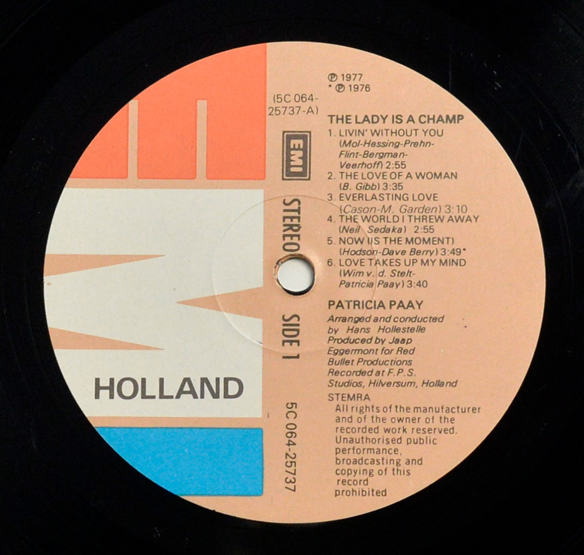 Side One label of Patricia Paay's The Lady Is A Champ LP, showing track titles, writing credits, and production details on the EMI-Holland orange-banded label.