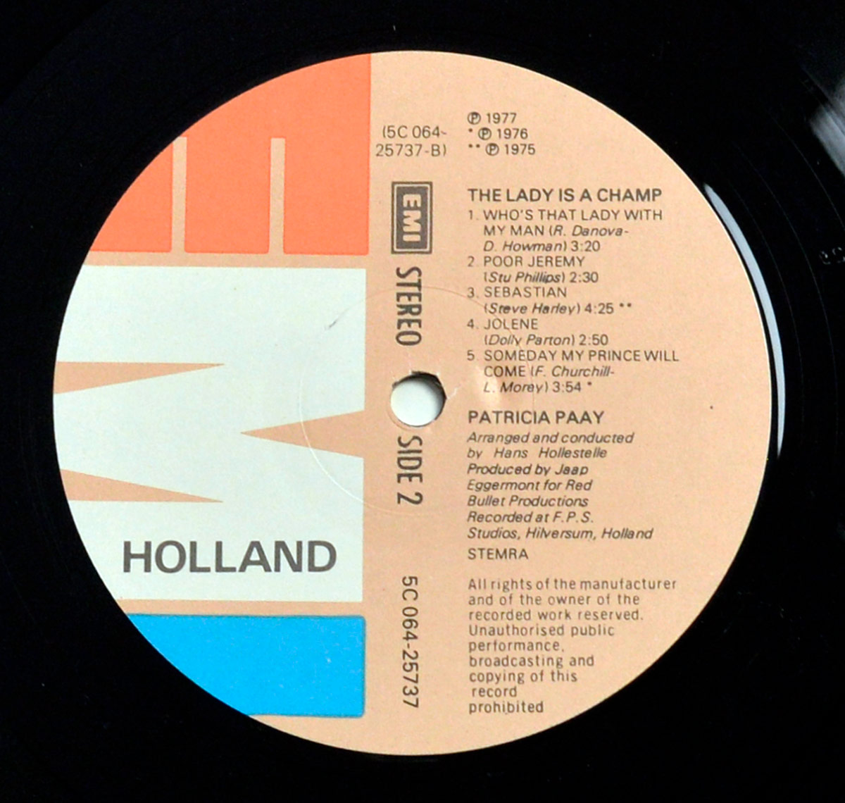 Side Two label of Patricia Paay's The Lady Is A Champ LP showing track titles like Sebastian and Jolene, with production and copyright credits on the Dutch EMI pressing.