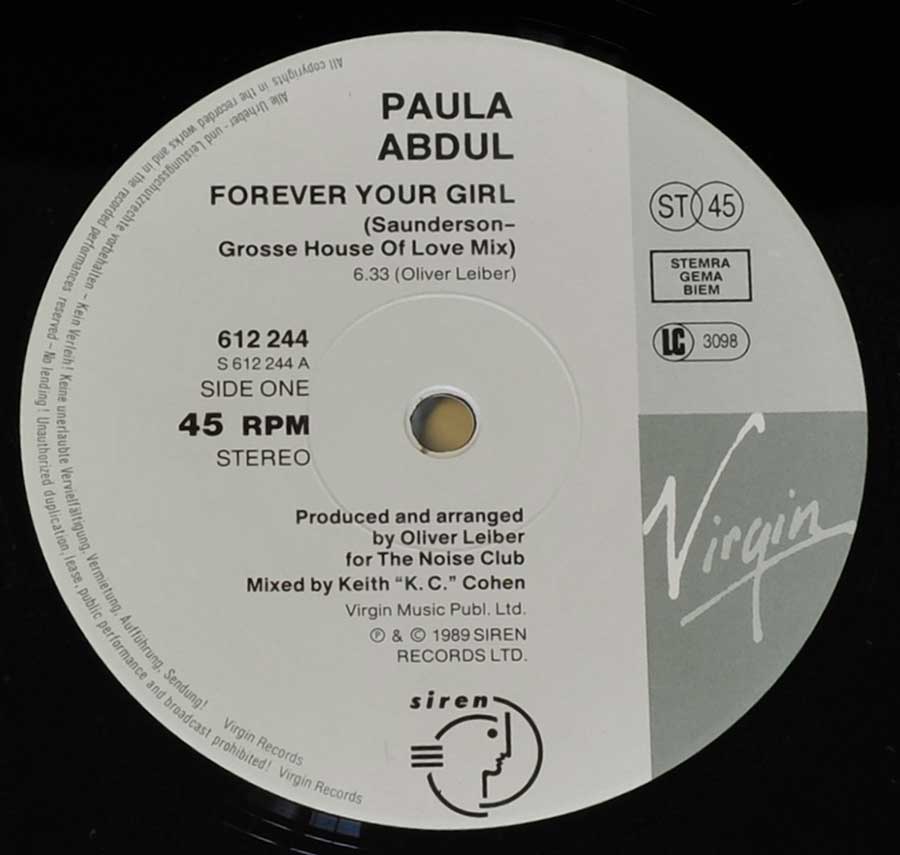 Close up of " Forever Your Girl " Record Label Details: Virgin 612 244  12" MAXI VINYL