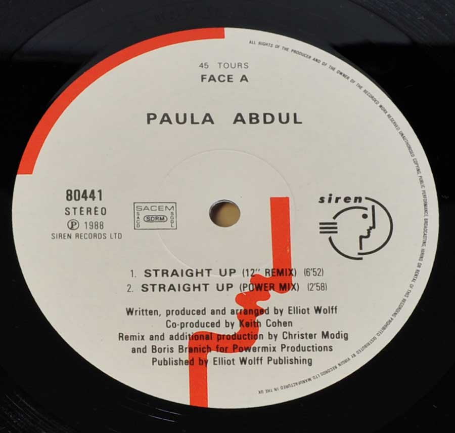 Close up of record's label PAULA ABDUL - Straight Up 12" Maxi Vinyl Side One
