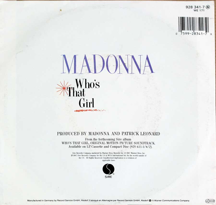 MADONNA - Who's That Girl 7" 45RPM Picture Sleeve SINGLE VINYL
 back cover